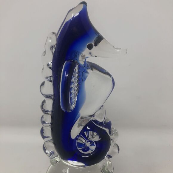 Art Glass Seahorse Paperweight Cobalt Blue Bullicante Bubbles 7" Beachy Coastal - Picture 8 of 11